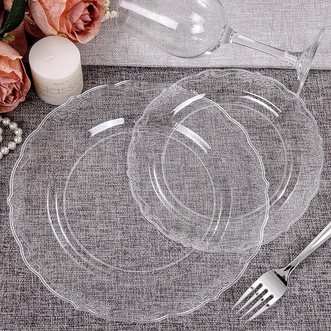 U-QE 60PCS Clear Plastic Plates for Party - Clear Plates Disposable Heavy Duty for Party & Wedding - Include 30PCS 10inch Dinner Plates and 30PCS 7.5inch Dessert/Salad Plates