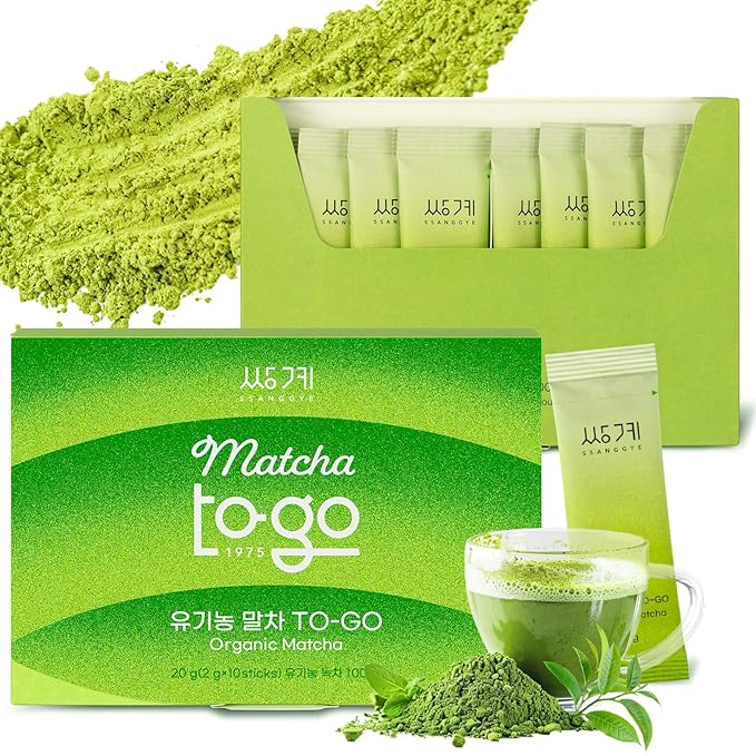 Ssanggye Matcha TO-GO | 2g x 10 Stick (total 0.7oz) | Ceremonial Grade Korean Matcha Powder from Jeju Island | Single Serve Sachets for On-The-Go | Green Tea Latte Cold Hot Daily Drink Individual Tea Packets