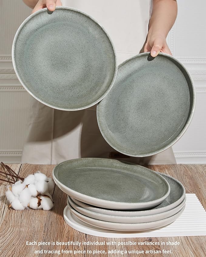 Pokini Gradient Green Dinner Plates Set of 6, 10 Inch Reactive Glaze Ceramic Plates Set, Modern Dinnerware Dishes Set for Kitchen, Microwave & Dishwasher Safe, Highly Chip and Crack Resistant