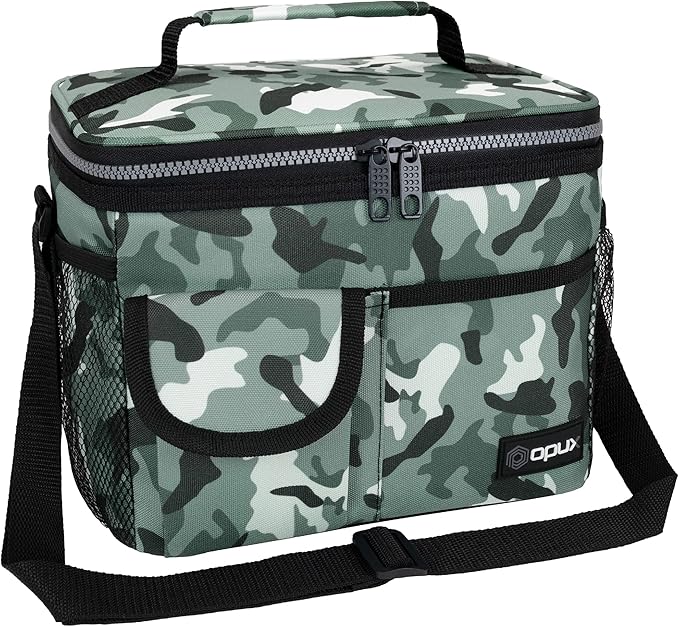opux Insulated Lunch Box for Men Women Kids, Leakproof Reusable Lunch Bag Cooler for Work School Office, Soft Thermal Lunchbox Tote with Shoulder Strap for Boys Girls Adults, Camo Green, 14 Can/8L