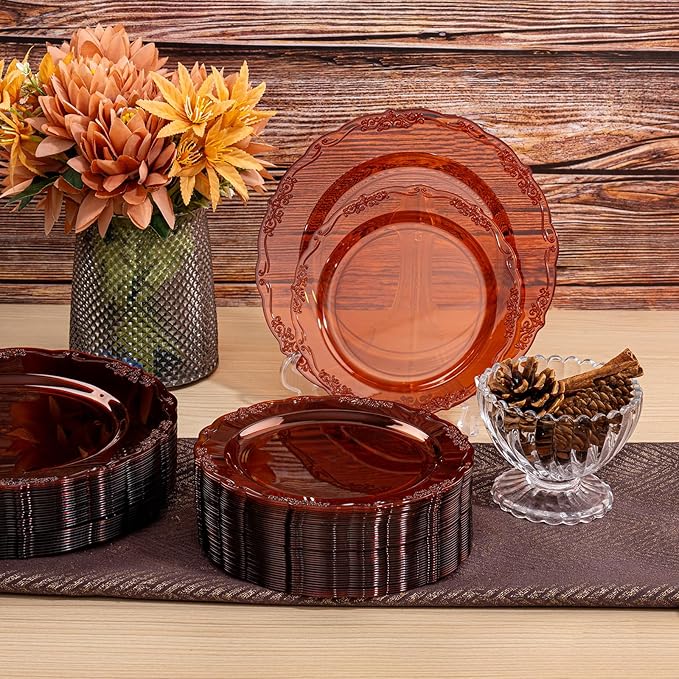 U-QE 100PCS Amber Plastic Plates - Clear Brown Plastic Plates Disposable Heavy Duty - Disposable Plates for Party Including 50PCS 10'' Dinner & 50PCS 7.5'' Dessert Plate