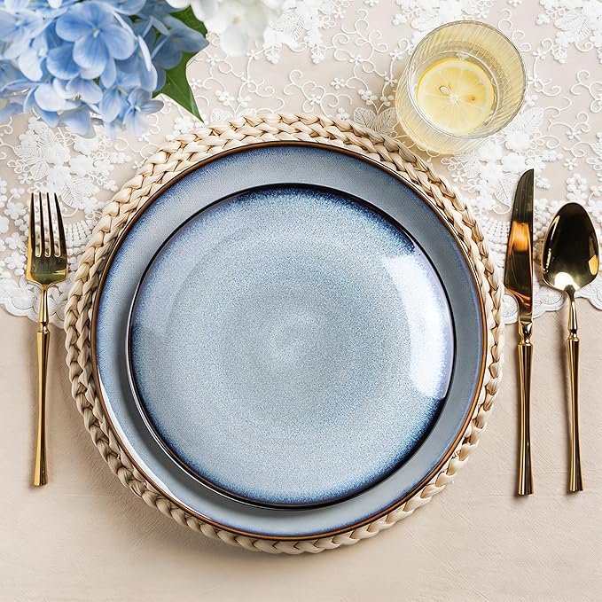 LERATIO Ceramic Dinner Plates Set of 6, 10.5 Inch Handmade Reactive Glaze Porcelain Plates, Coupe Shape Dinnerware Dishes Set for Kitchen,Oven& Microwave & Dishwasher Safe, Scratch Resistant-Gray Blue