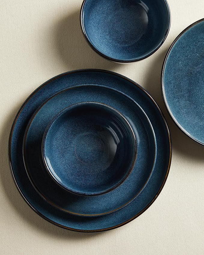 Pokini 16 Piece Double Bowl Dinnerware Sets with Pasta Bowls, Highly Chip and Crack Resistant Plates and Bowls Sets, Natural Earthyware Ceramic Dishware Sets, Service for 4 Starry Blue