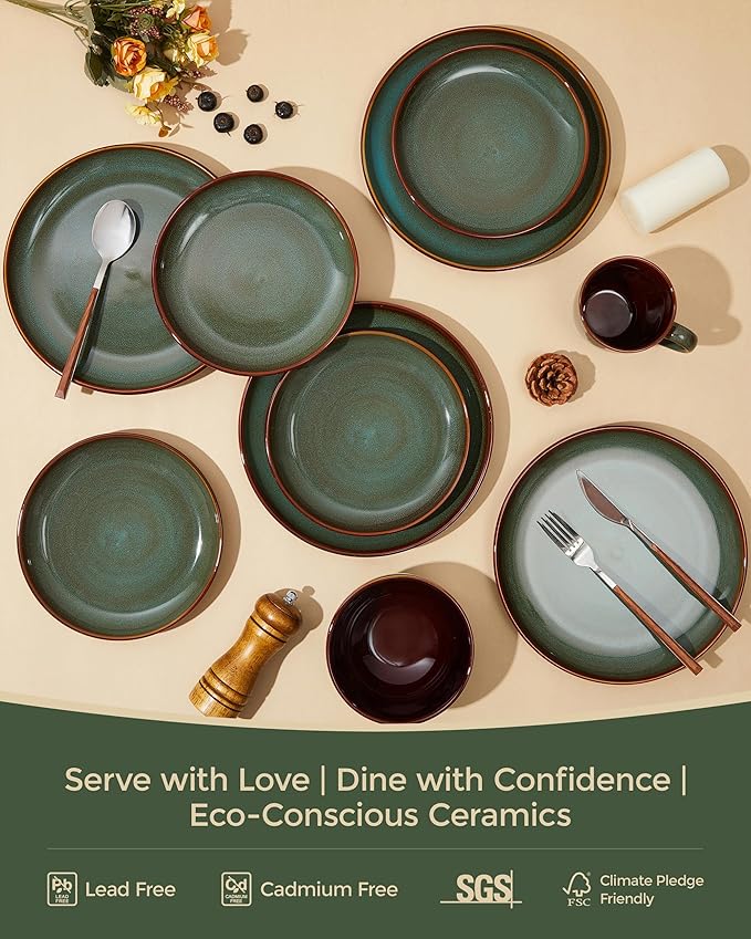 Pokini Stoneware Dinner Plates Set of 6, Ceramic Plates With Lipped Edges, Microwave/Dishwasher Safe, Modern Rustic Dinnerware, Kitchen Reactive Glaze Serving Dishes, Brown Green