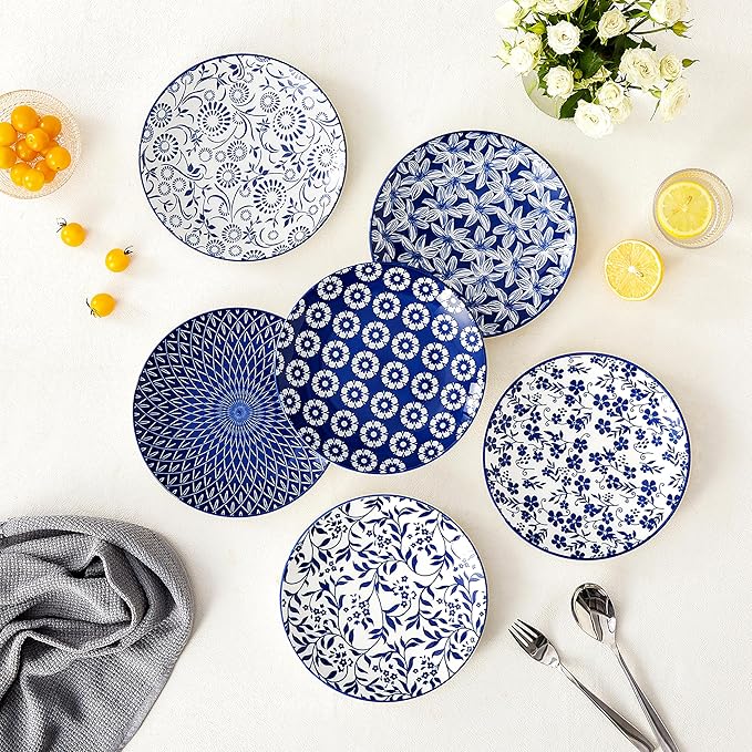 vancasso Ceramic Salad Plates Set of 6, Small Vintage 8.25 Inch Plate Set of 6 for Kitchen, Porcelain Blue and White Dessert Plates for Kitchen, Microwave Oven Dishwasher Safe, Vintage Gift