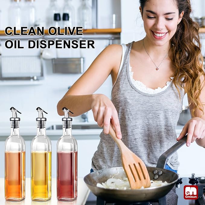 GMISUN Olive Oil Dispenser And Vinegar Bottle 3 Pack 17oz, For Kitchen, Glass Cooking Oil Container Cruet with Pourer Spout, Funnel And Labels, Clear