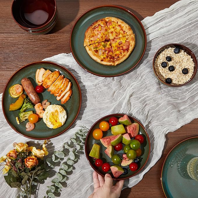 Pokini Stoneware Dinner Plates Set of 6, Ceramic Plates With Lipped Edges, Microwave/Dishwasher Safe, Modern Rustic Dinnerware, Kitchen Reactive Glaze Serving Dishes, Brown Green