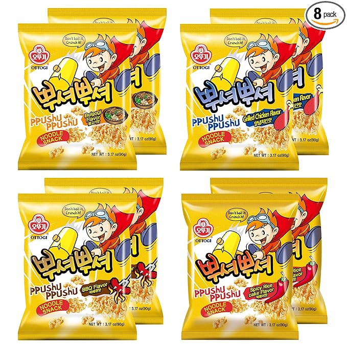 [OTTOGI] Ppushu Ppushu Korean Ramen Snack Variety Pack, Crush to Eat Noodle,BBQ, Bulgogi, Grilled Chicken, Spicy Rice Cake Flavors, 3.17oz (90g) x 8 Pack,Crunch & Shake Noodle Snack