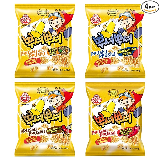 OTTOGI PPUSHU PPUSHU Crush to Eat Noodle Snack- 1 of each Bbq, Bulgogi, Grilled Chicken, Spicy Rice Cake Flavors Variety Pack (90g) - 4 Pack