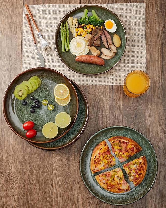 Pokini Ceramic Dinner Plates Set of 6, 10 Inch Handmade Reactive Glaze Stoneware Plates, Modern Rustic Dinnerware, Microwave & Dishwasher Safe, Scratch Resistant-Brown and Green